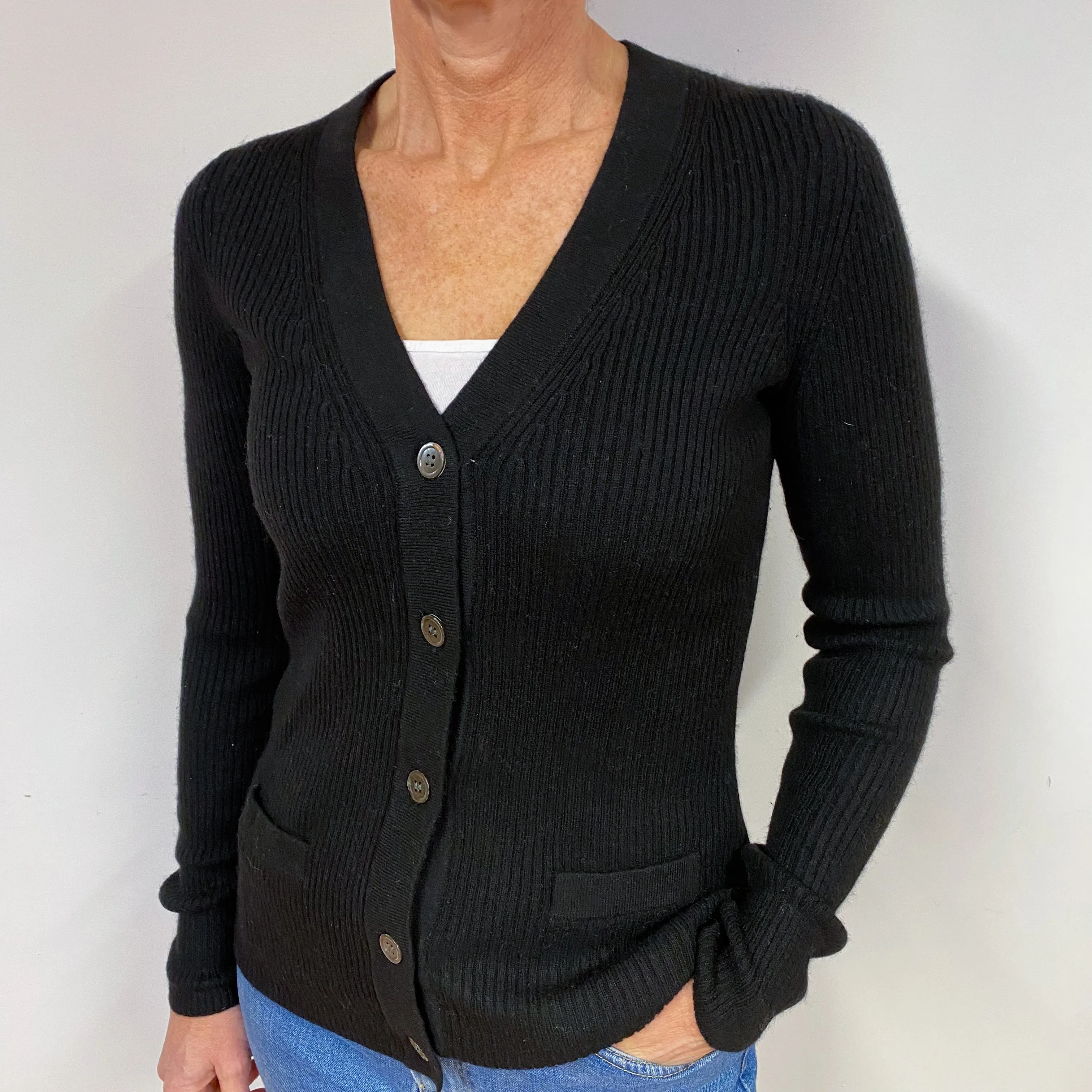 Black Ribbed Cashmere V-Neck Cardigan Medium