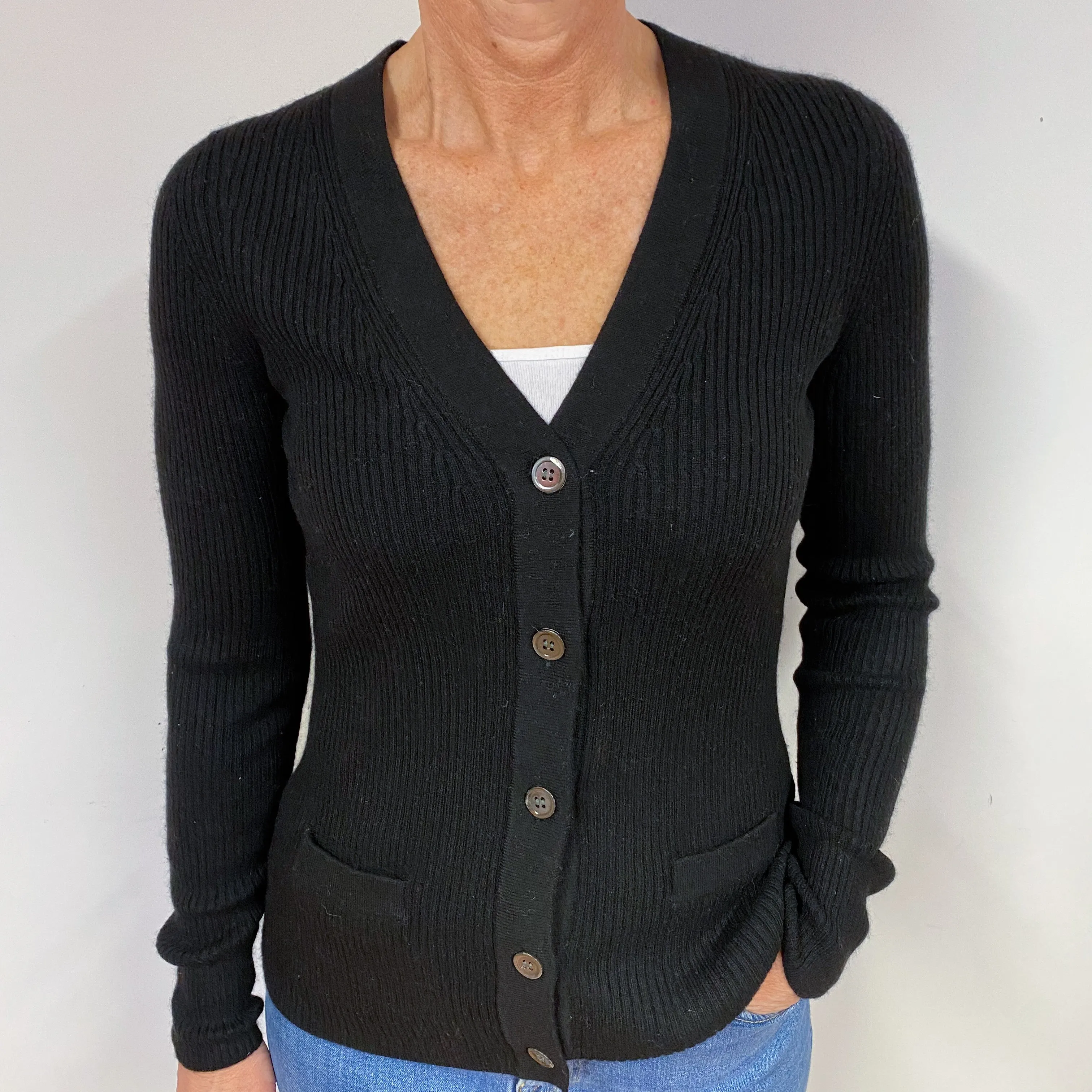 Black Ribbed Cashmere V-Neck Cardigan Medium