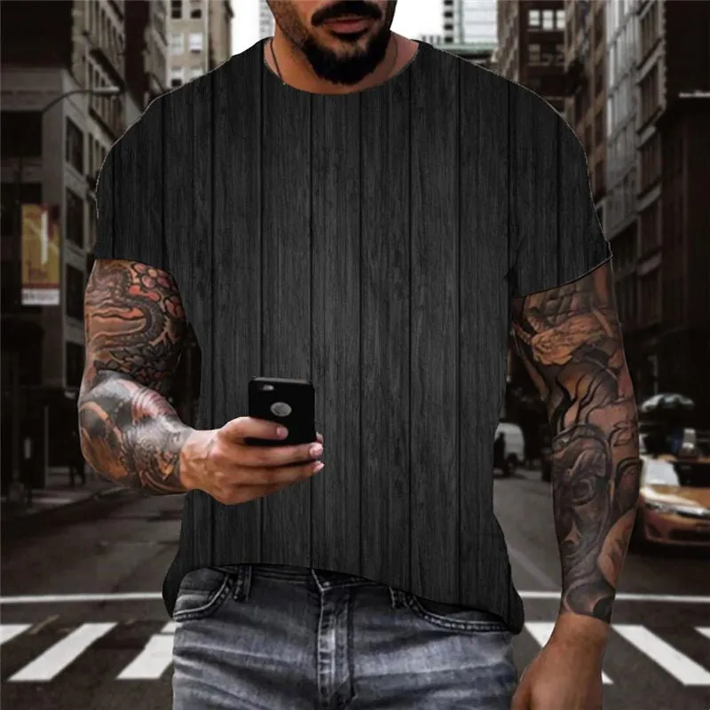 Black wood grain shirt special texture top tee men different art costume Casual