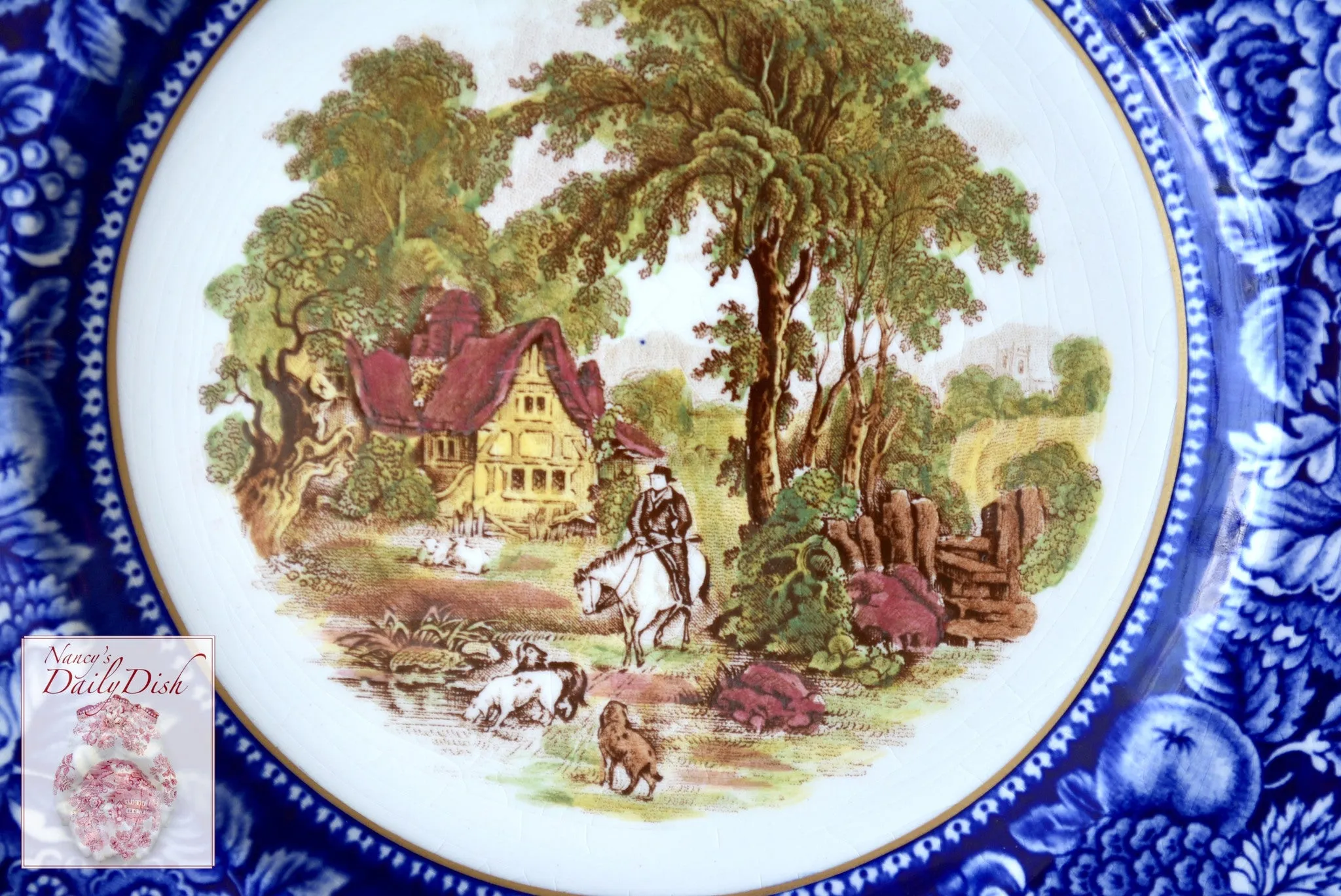 Blue & Brown Polychrome 2 Color Transferware Plate Rural Scenes -Hunting & Floral Scene - Royal Staffordshire - Hand Painted