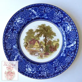 Blue & Brown Polychrome 2 Color Transferware Plate Rural Scenes -Hunting & Floral Scene - Royal Staffordshire - Hand Painted