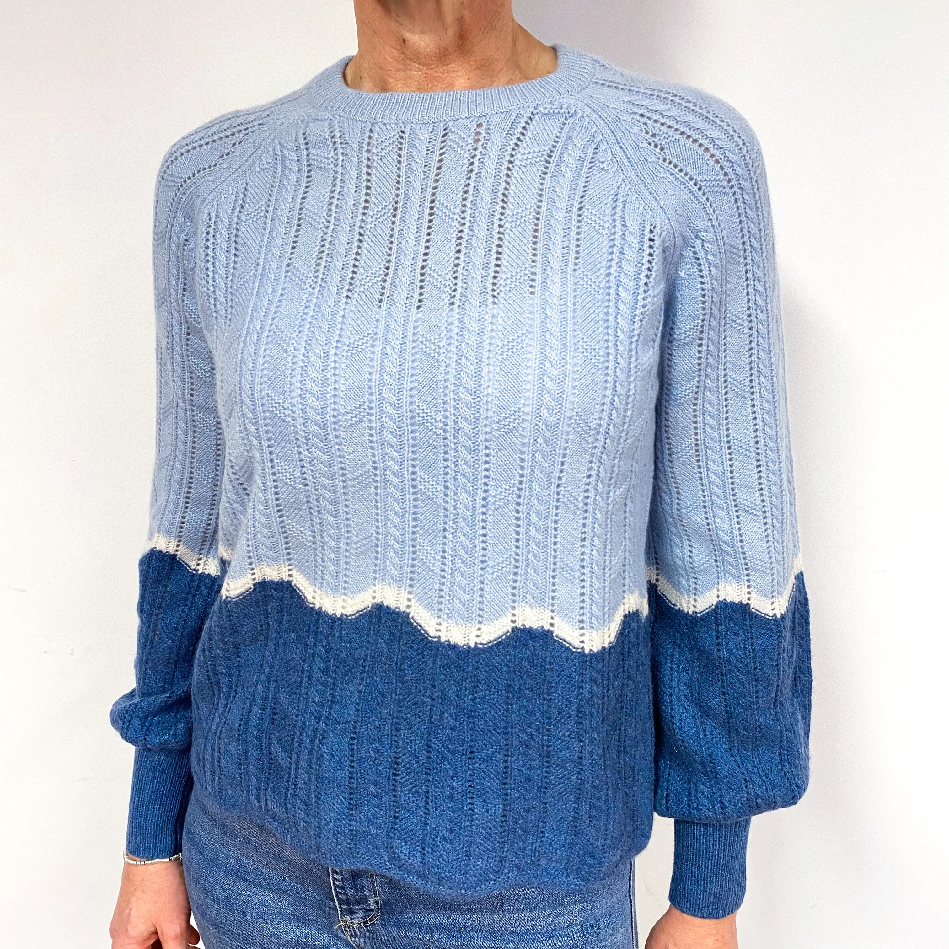 Blue Colour Block Lace Knit Cashmere Crew Neck Jumper Medium