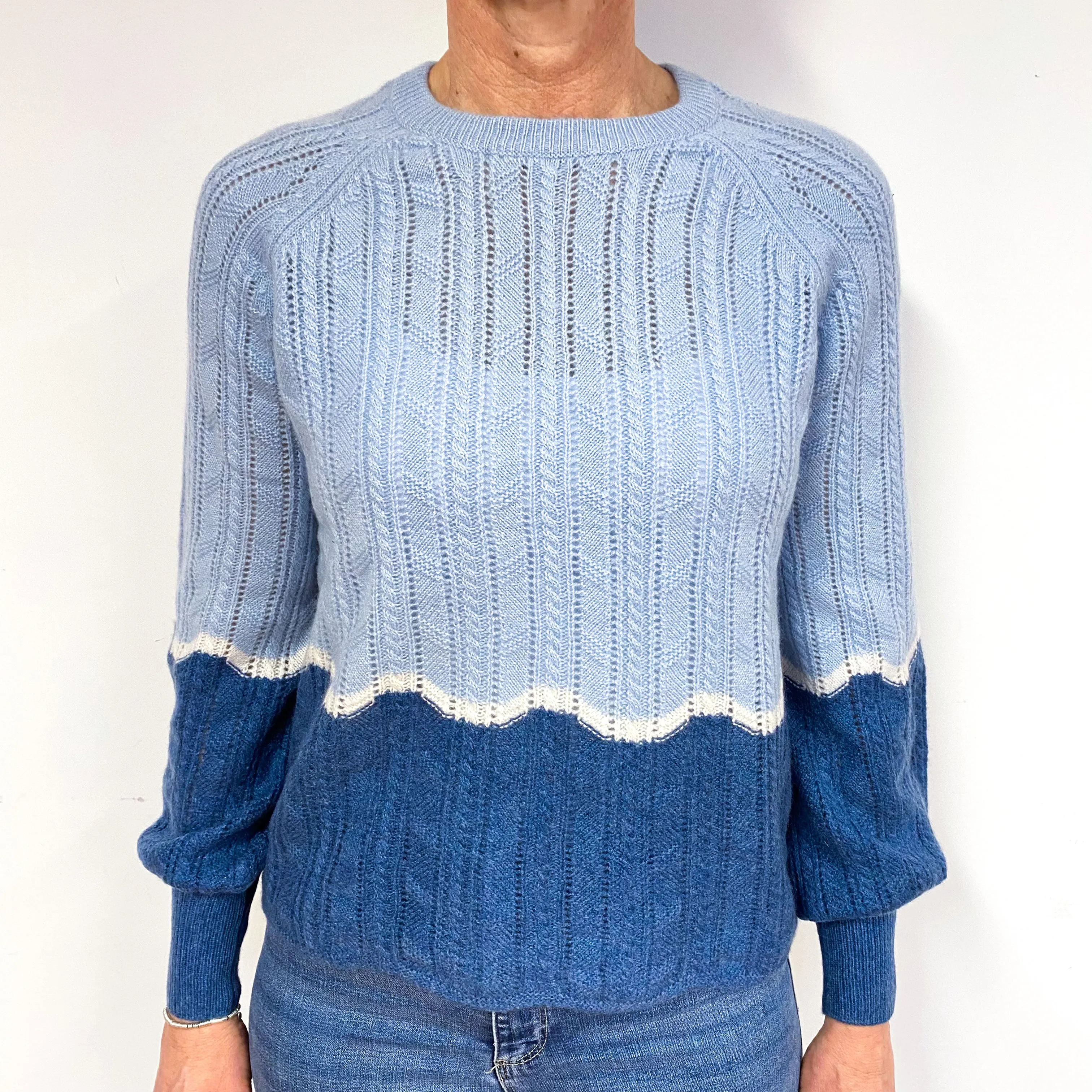 Blue Colour Block Lace Knit Cashmere Crew Neck Jumper Medium