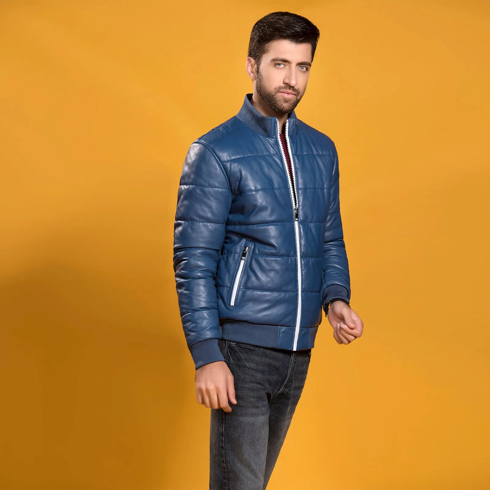 Blue Quilted Bomber Leather Jacket - Blue | Kaptan