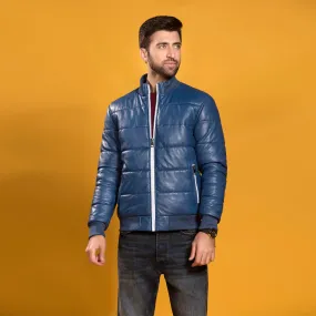 Blue Quilted Bomber Leather Jacket - Blue | Kaptan