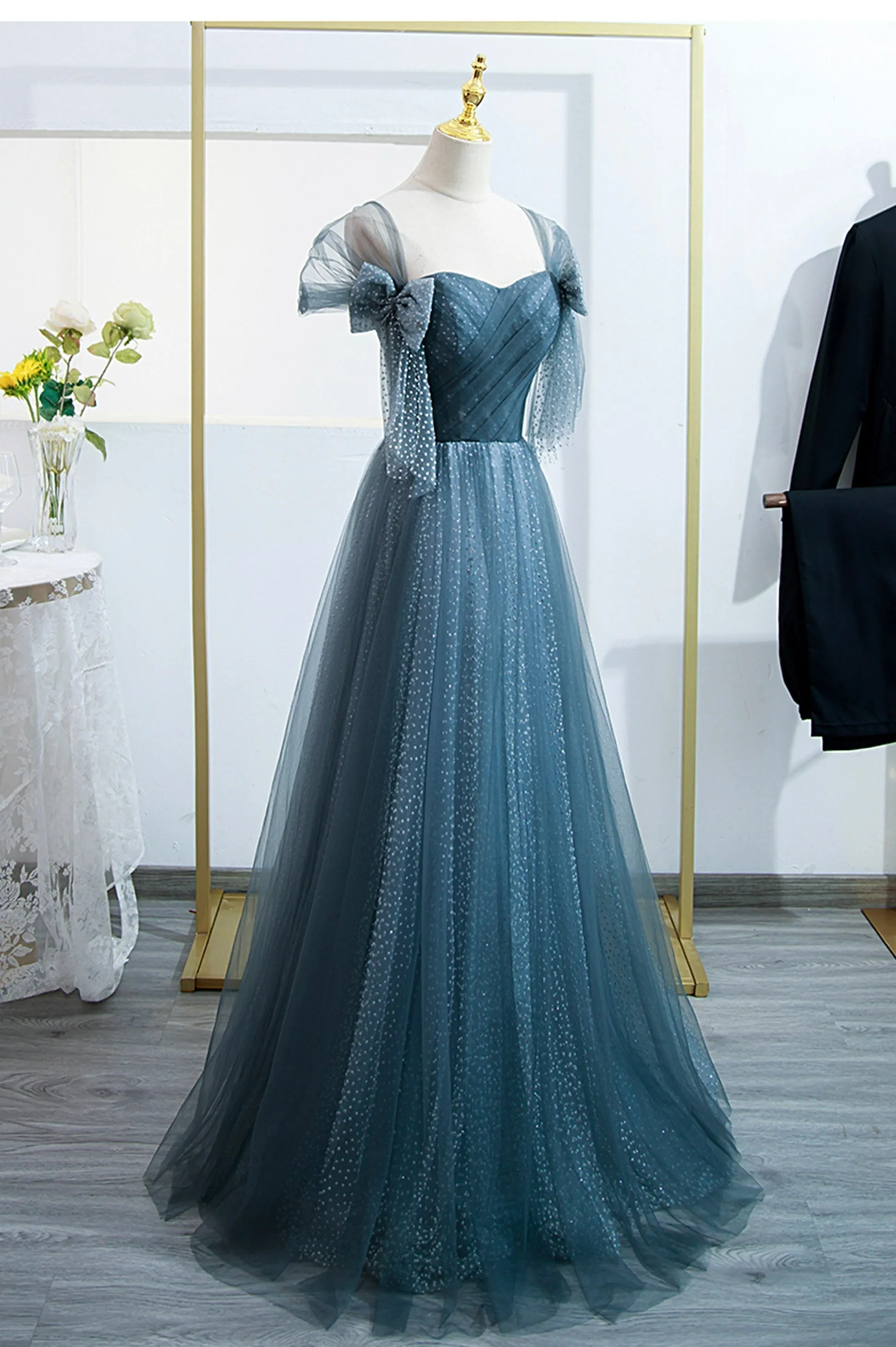 Blue Tulle Long A-Line Prom Dress, Lovely Blue Evening Party Dress