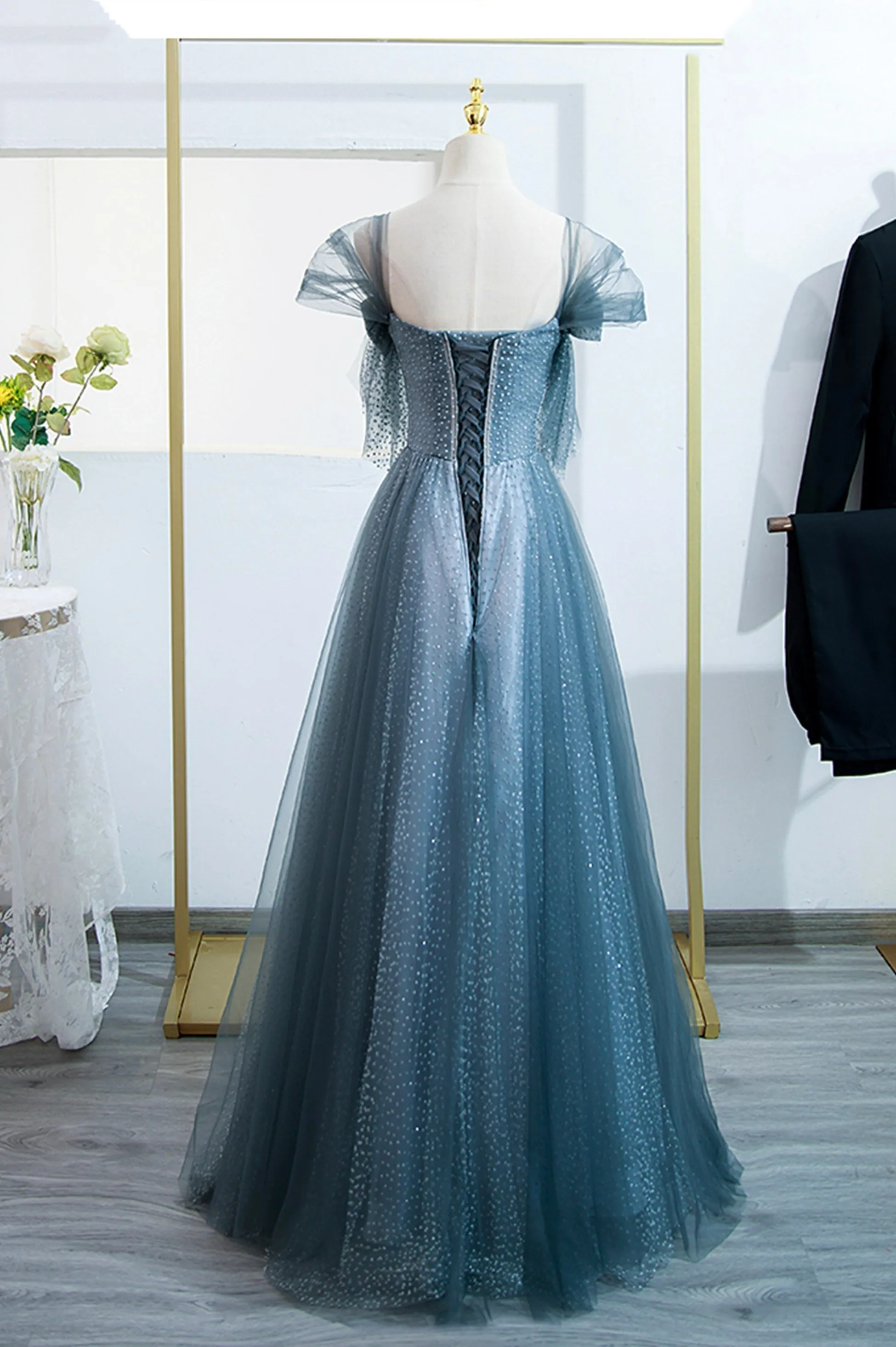 Blue Tulle Long A-Line Prom Dress, Lovely Blue Evening Party Dress