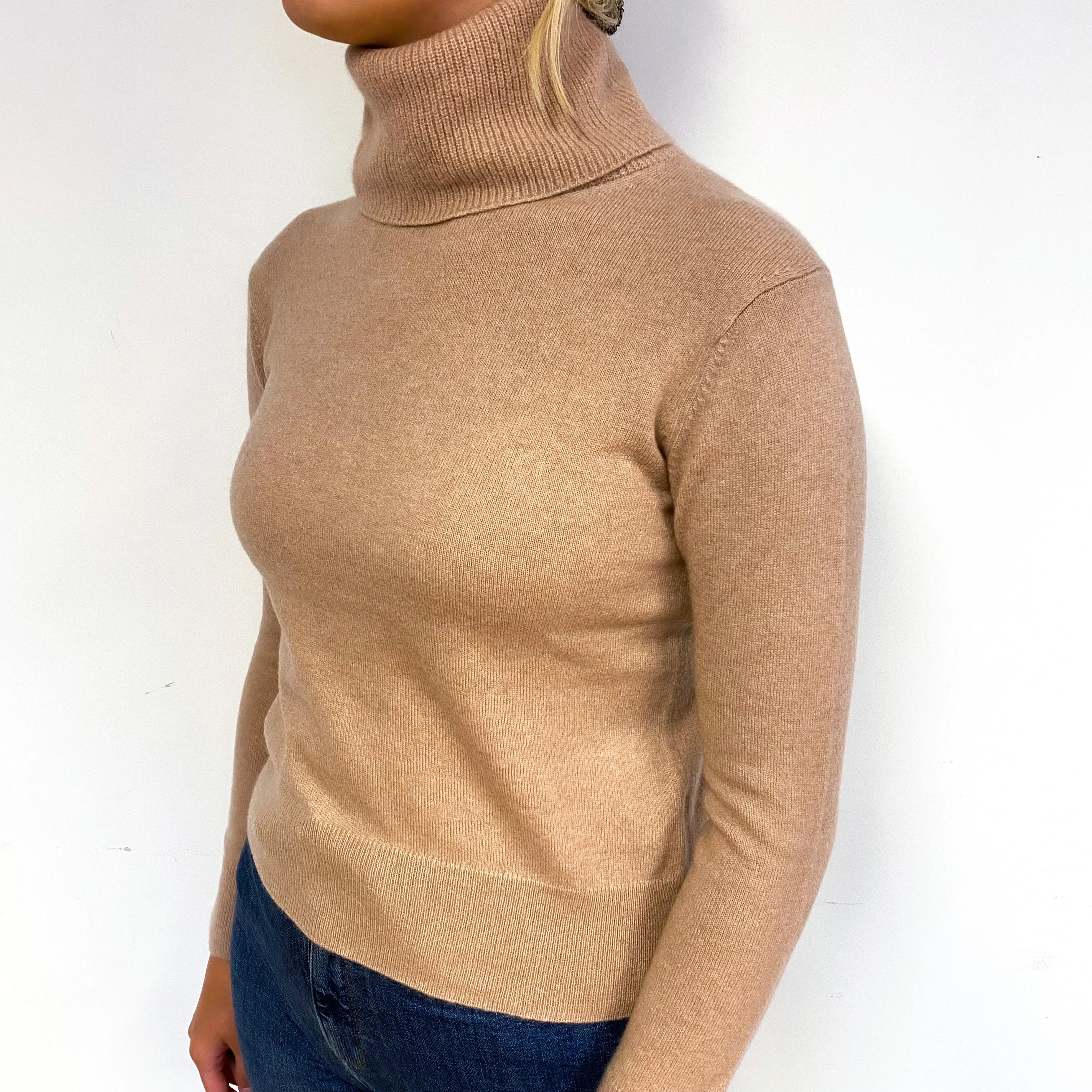 Blush Caramel Brown Cashmere Polo Neck Jumper Small