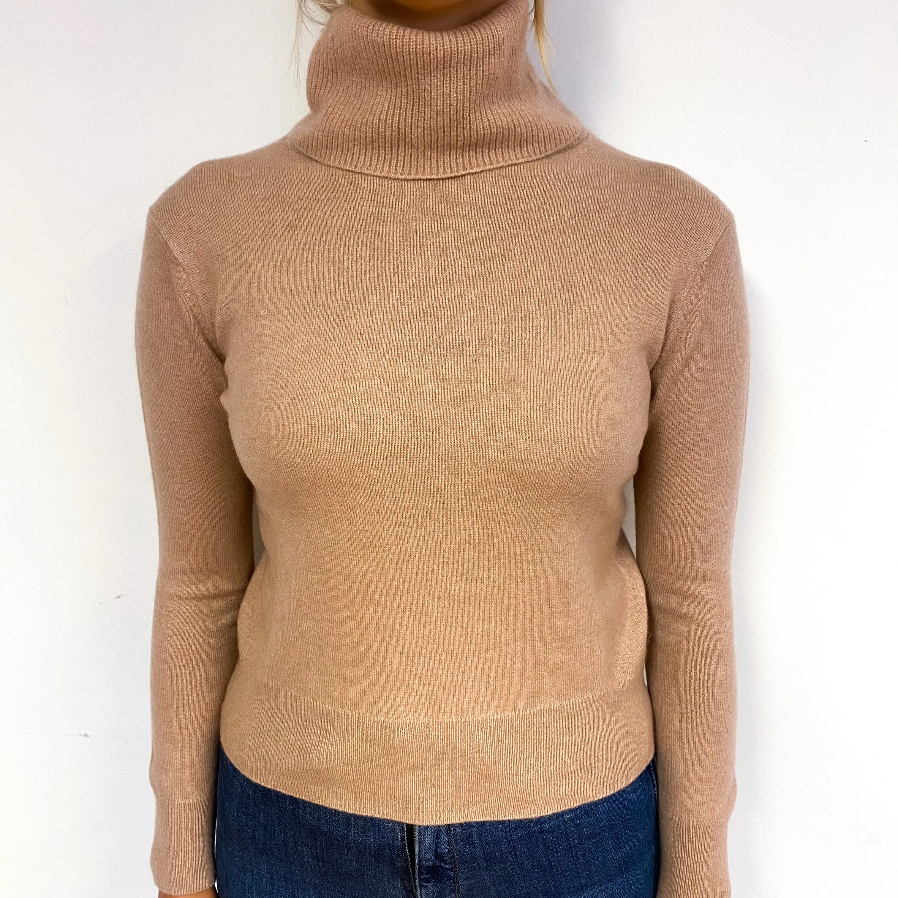 Blush Caramel Brown Cashmere Polo Neck Jumper Small