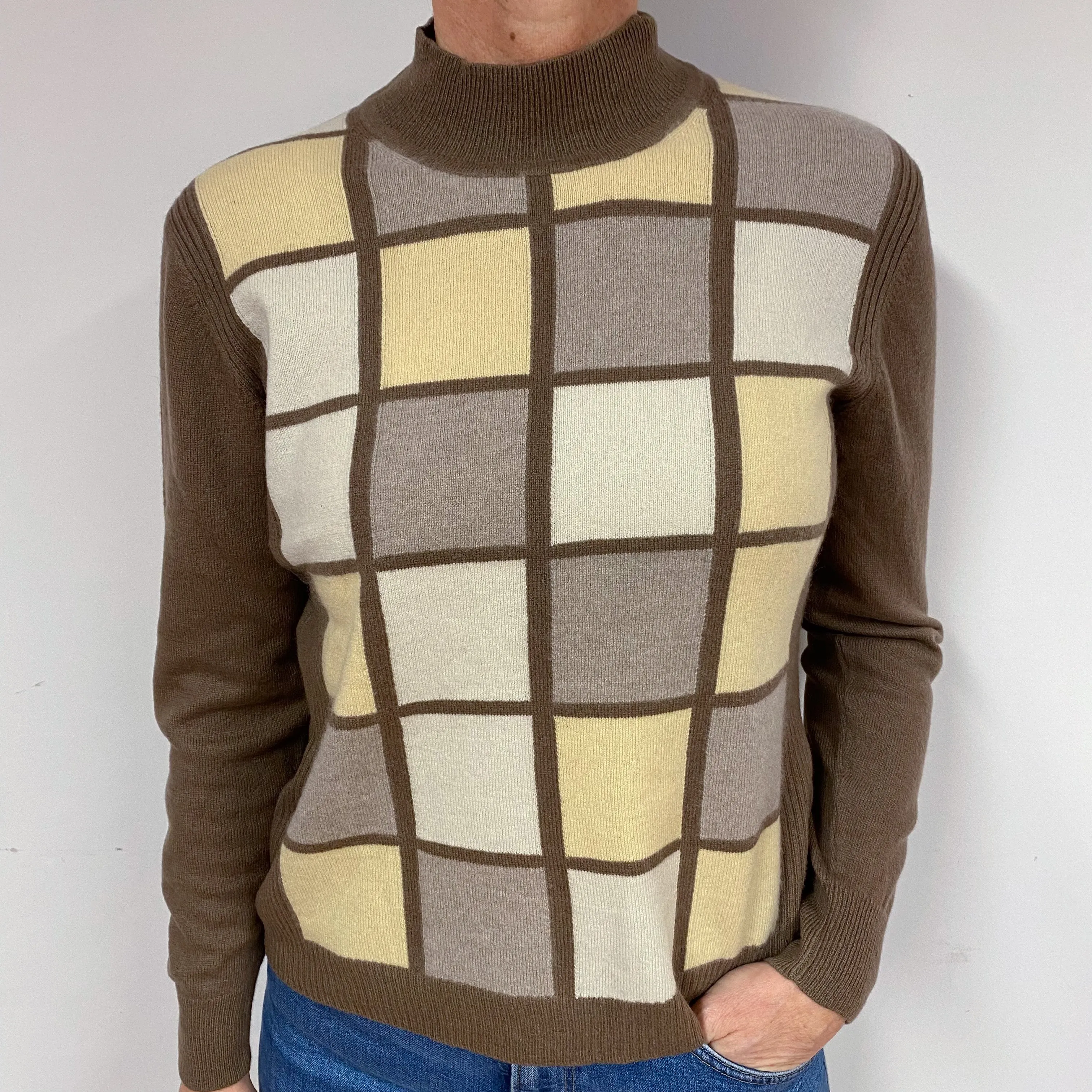 Brown and Yellow Checked Cashmere Turtle Neck Jumper Medium