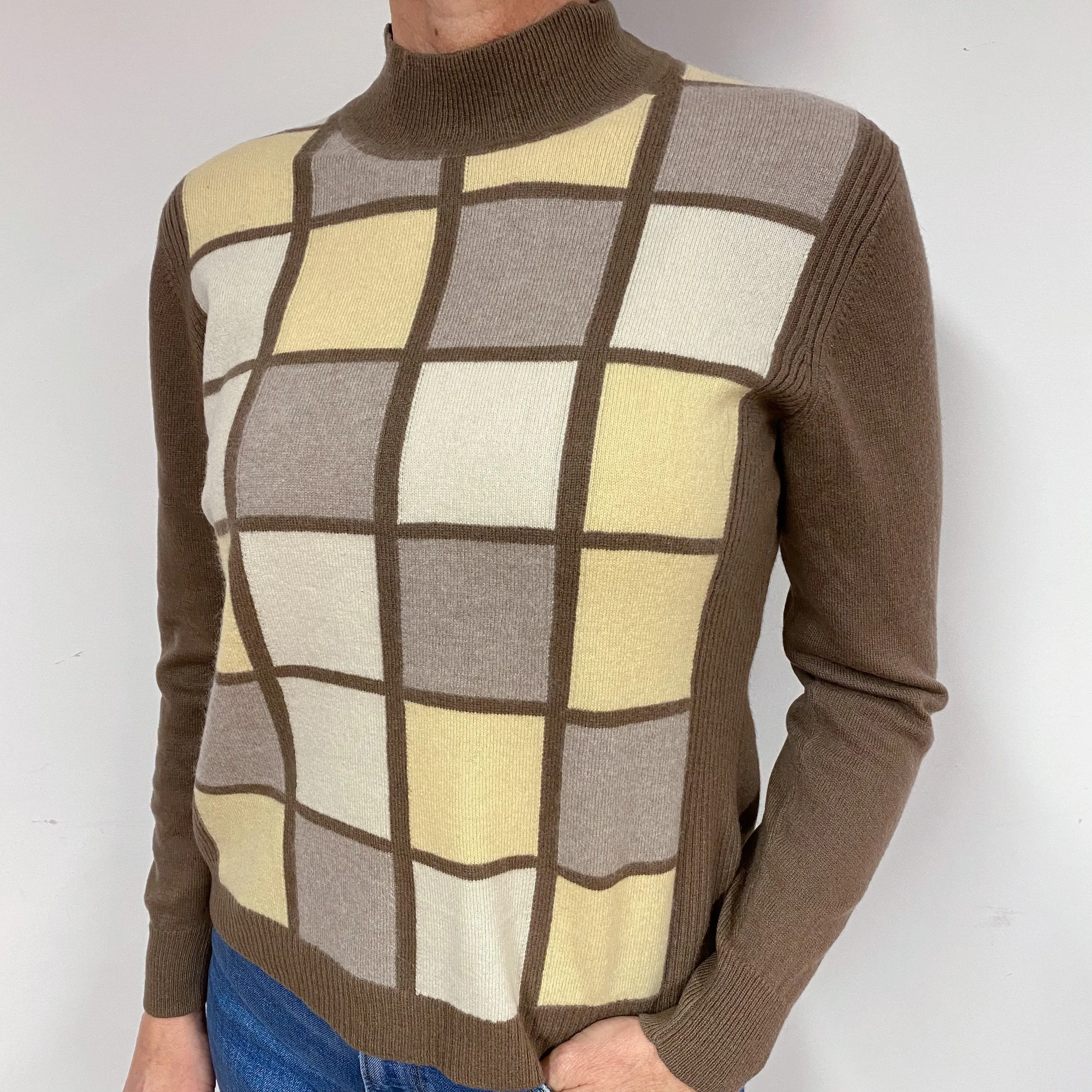 Brown and Yellow Checked Cashmere Turtle Neck Jumper Medium