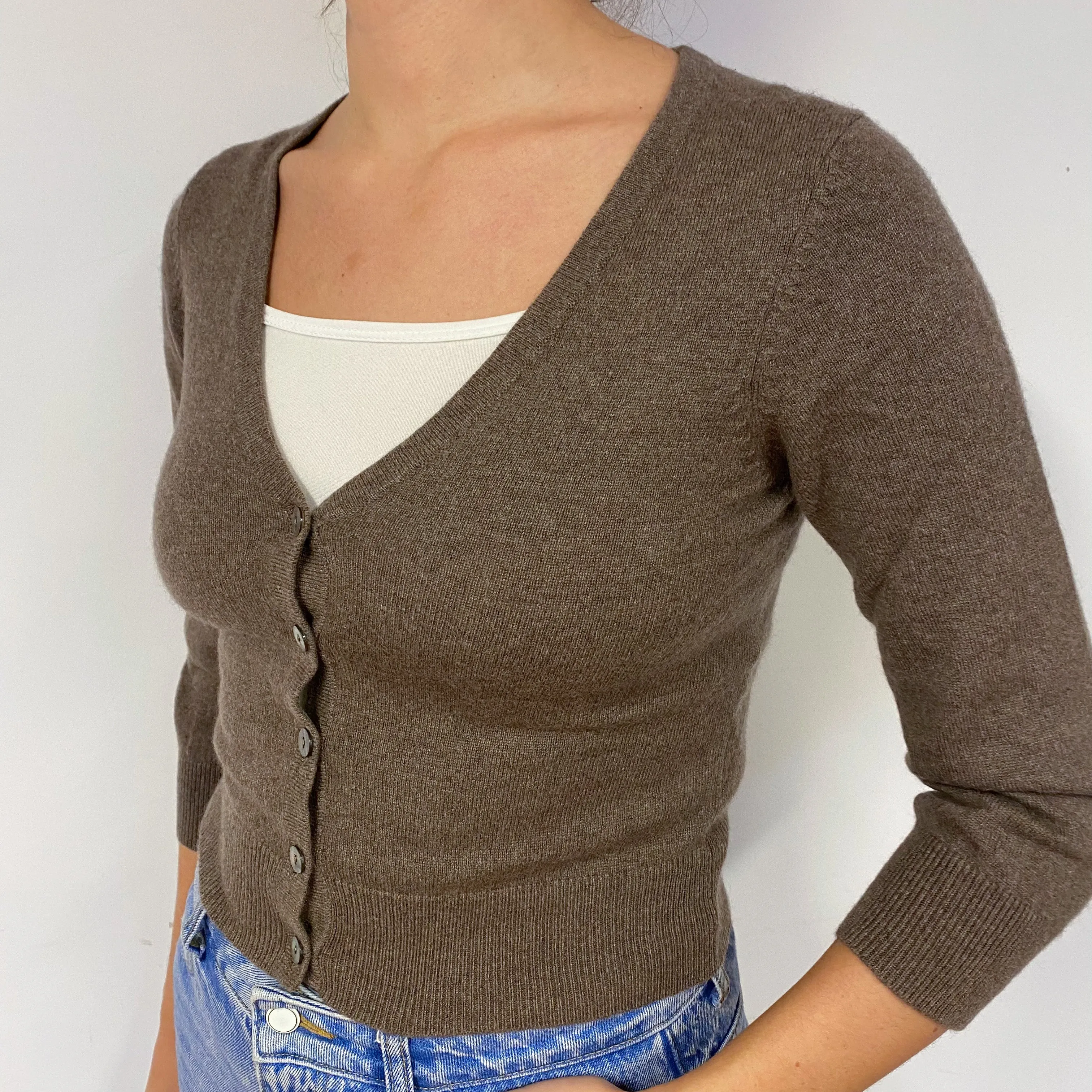 Brown Cropped Cashmere V-Neck Cardigan Small