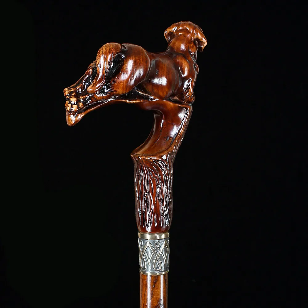 Brown Labrador Dog Dark Wood Artisan Intricate Handcarved Cane