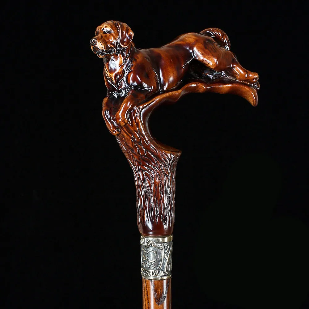 Brown Labrador Dog Dark Wood Artisan Intricate Handcarved Cane