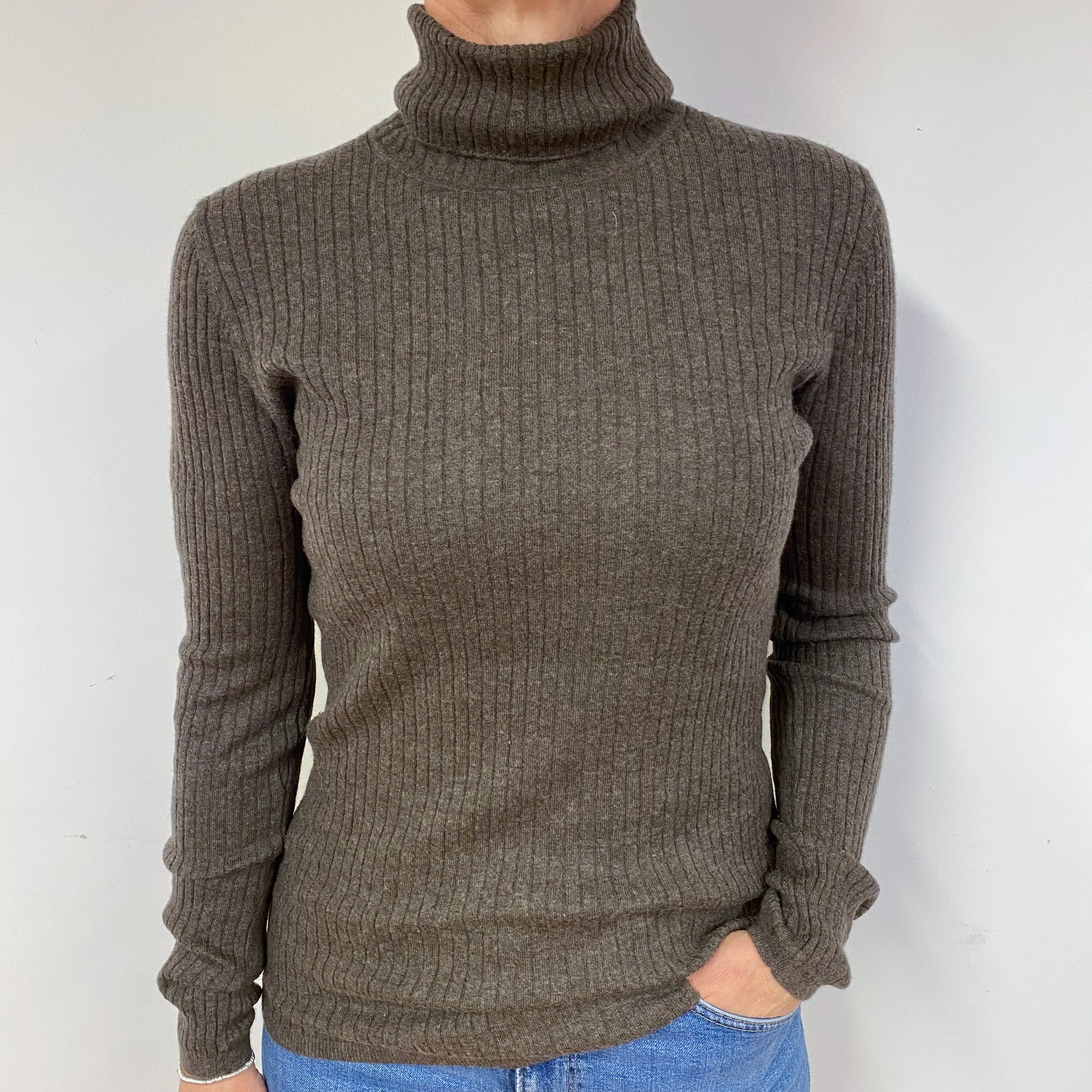 Brown Skinny Ribbed Cashmere Polo Neck Jumper Medium