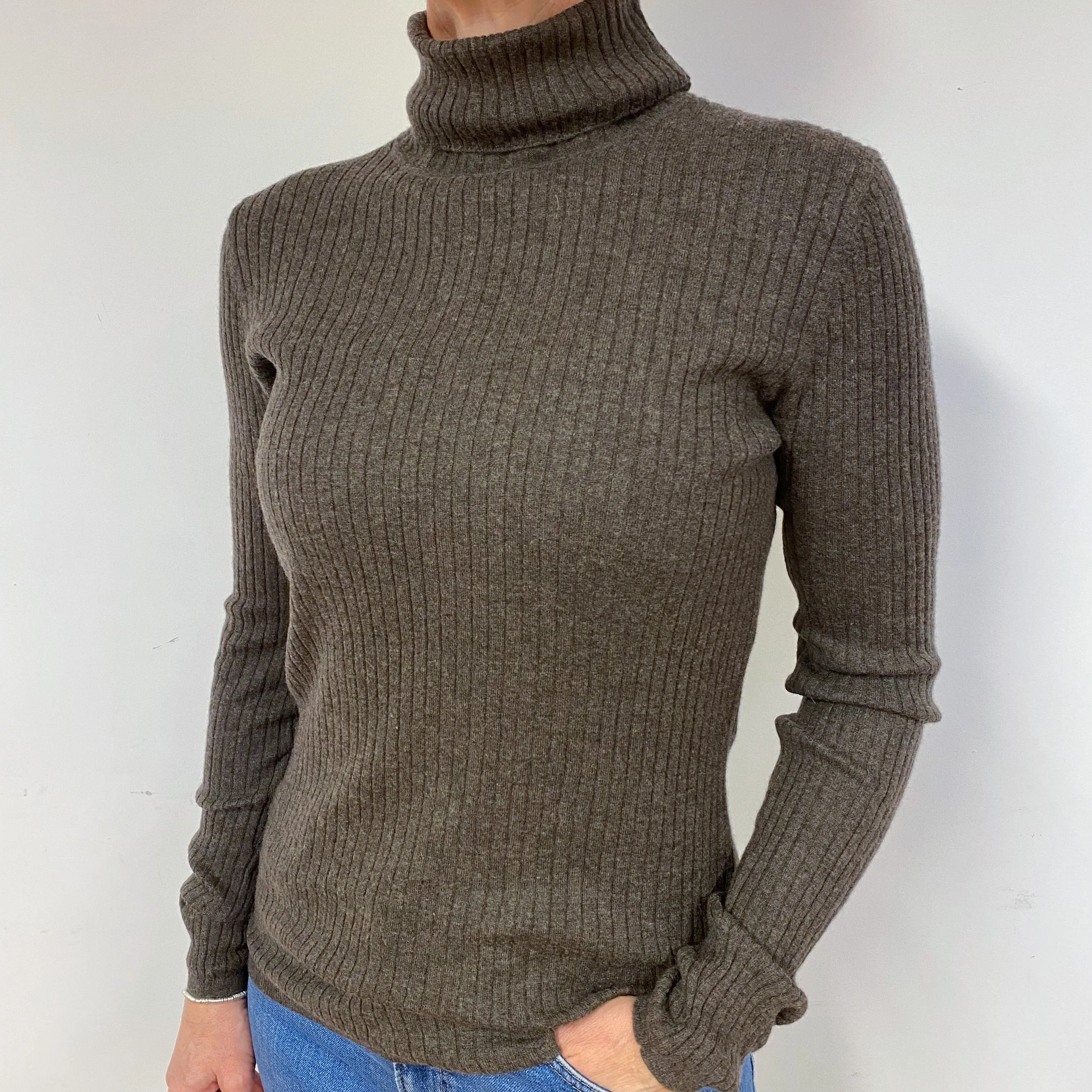 Brown Skinny Ribbed Cashmere Polo Neck Jumper Medium