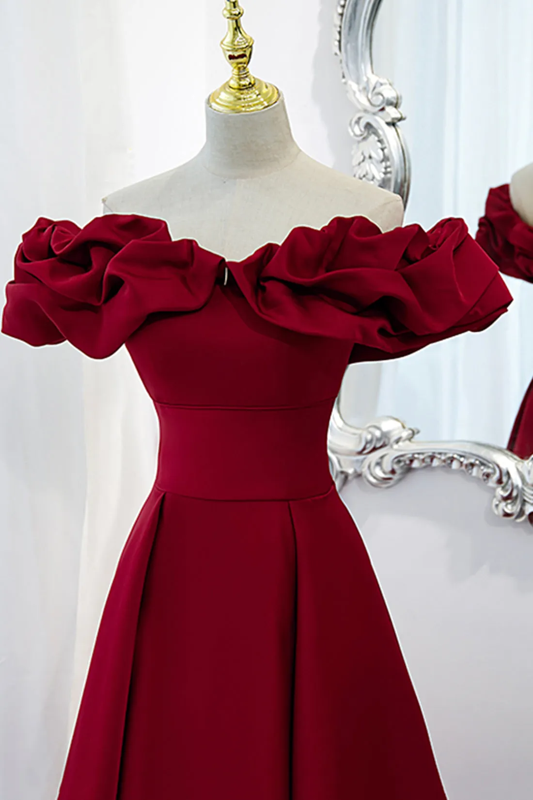 Burgundy Satin Long Prom Dress, A-Line Off Shoulder Evening Party Dress