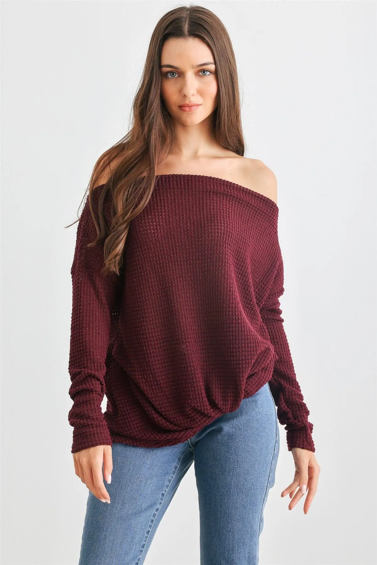 Burgundy Waffle Knit Off-The-Shoulder Twist Hem Top /2-2-2