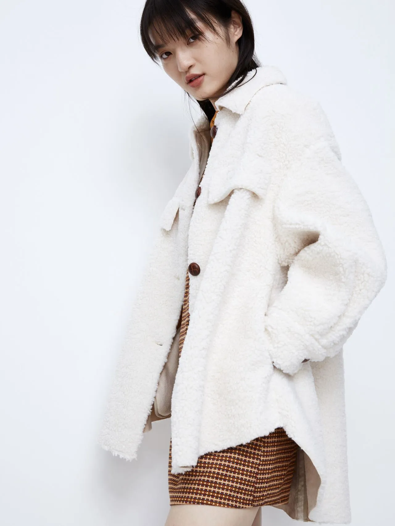 Button Up Drop Shoulder Teddy Coat for Women