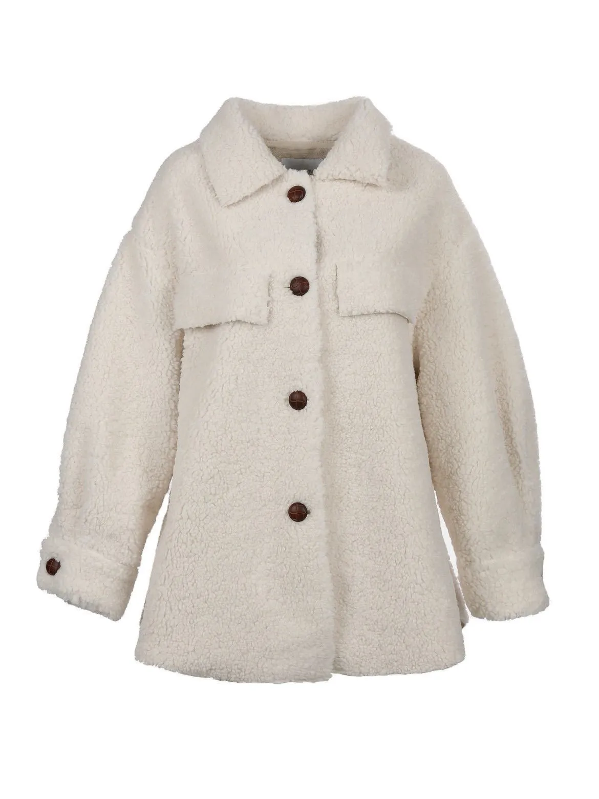 Button Up Drop Shoulder Teddy Coat for Women