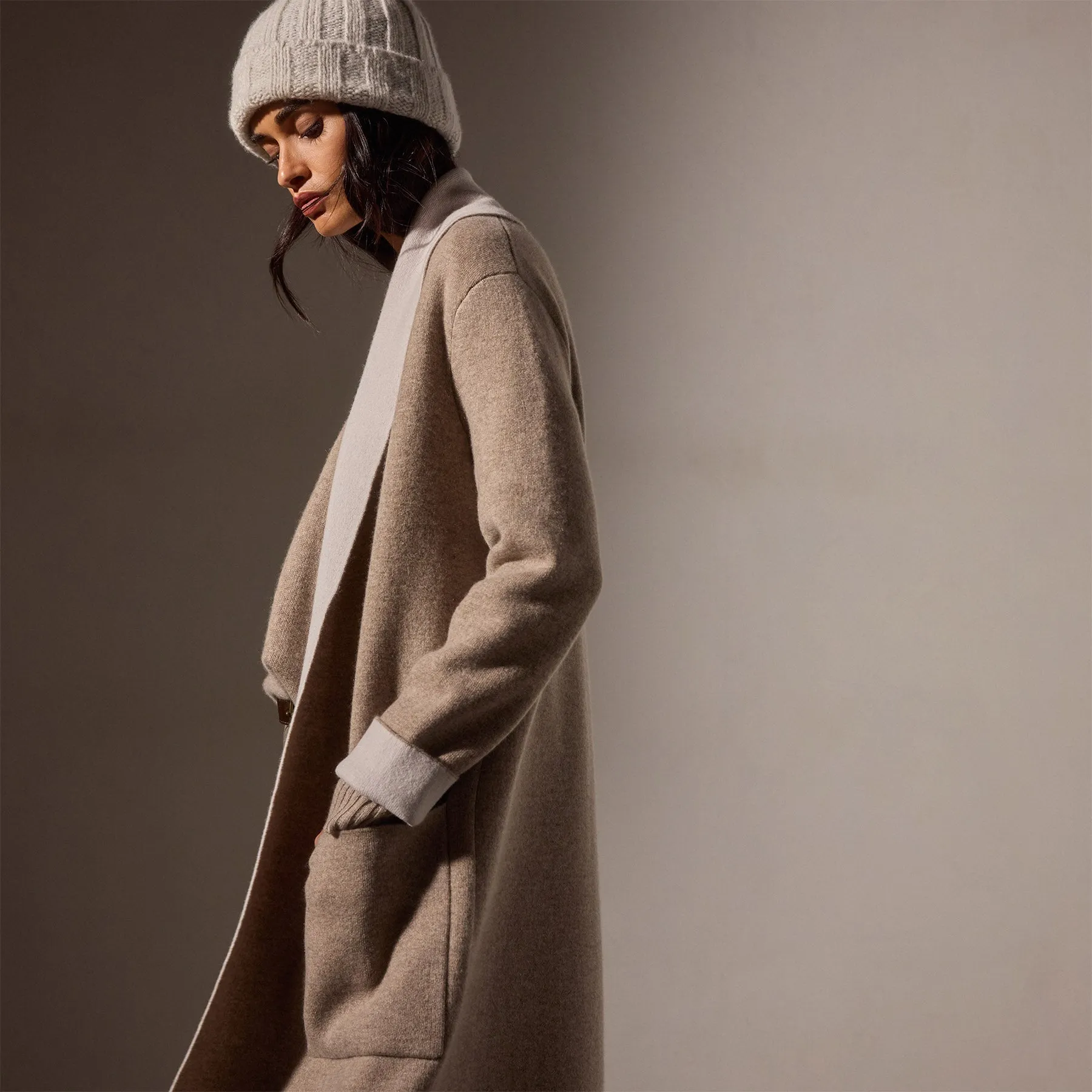 Cashmere Shawl Collar Coat - Coyote/Pearl