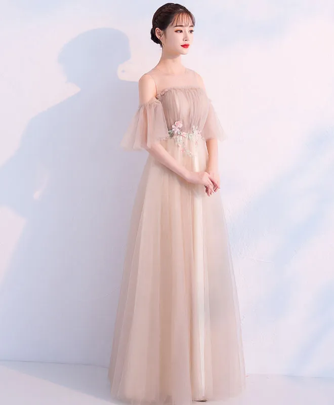 Champagne Round Neck Tulle Long Prom Dress, Champagne Tulle Evening Dress