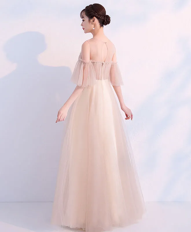 Champagne Round Neck Tulle Long Prom Dress, Champagne Tulle Evening Dress