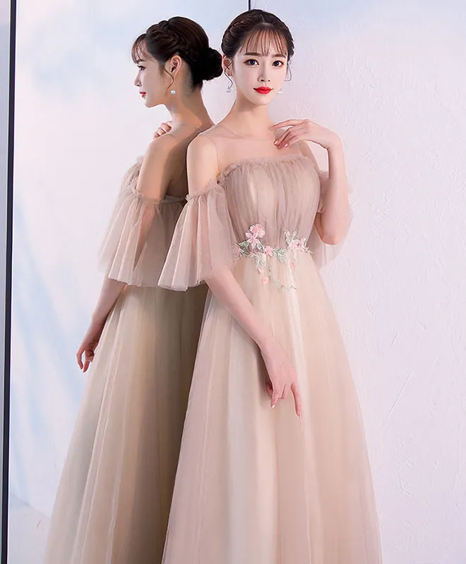 Champagne Round Neck Tulle Long Prom Dress, Champagne Tulle Evening Dress