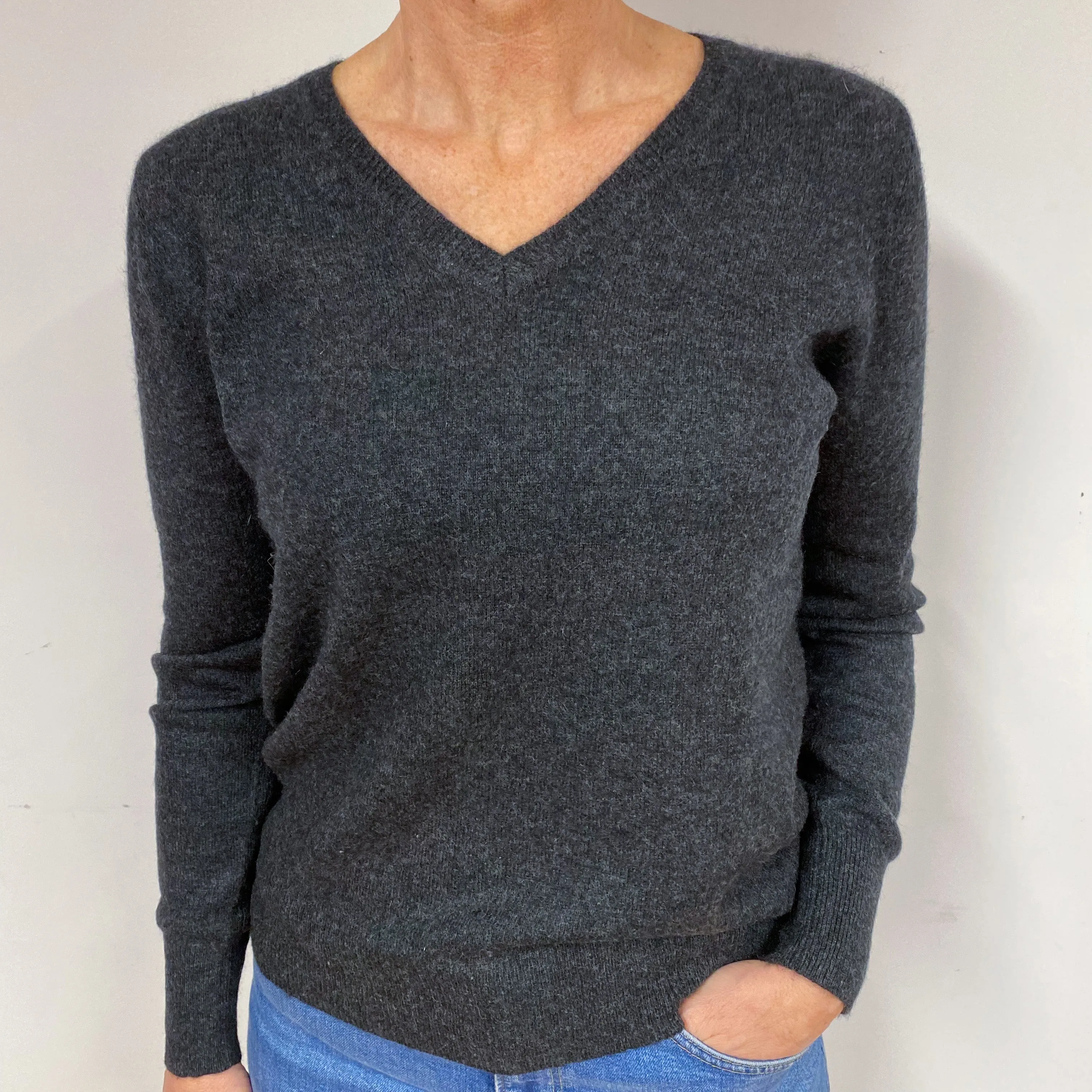 Charcoal Grey Cashmere V-Neck Jumper Medium