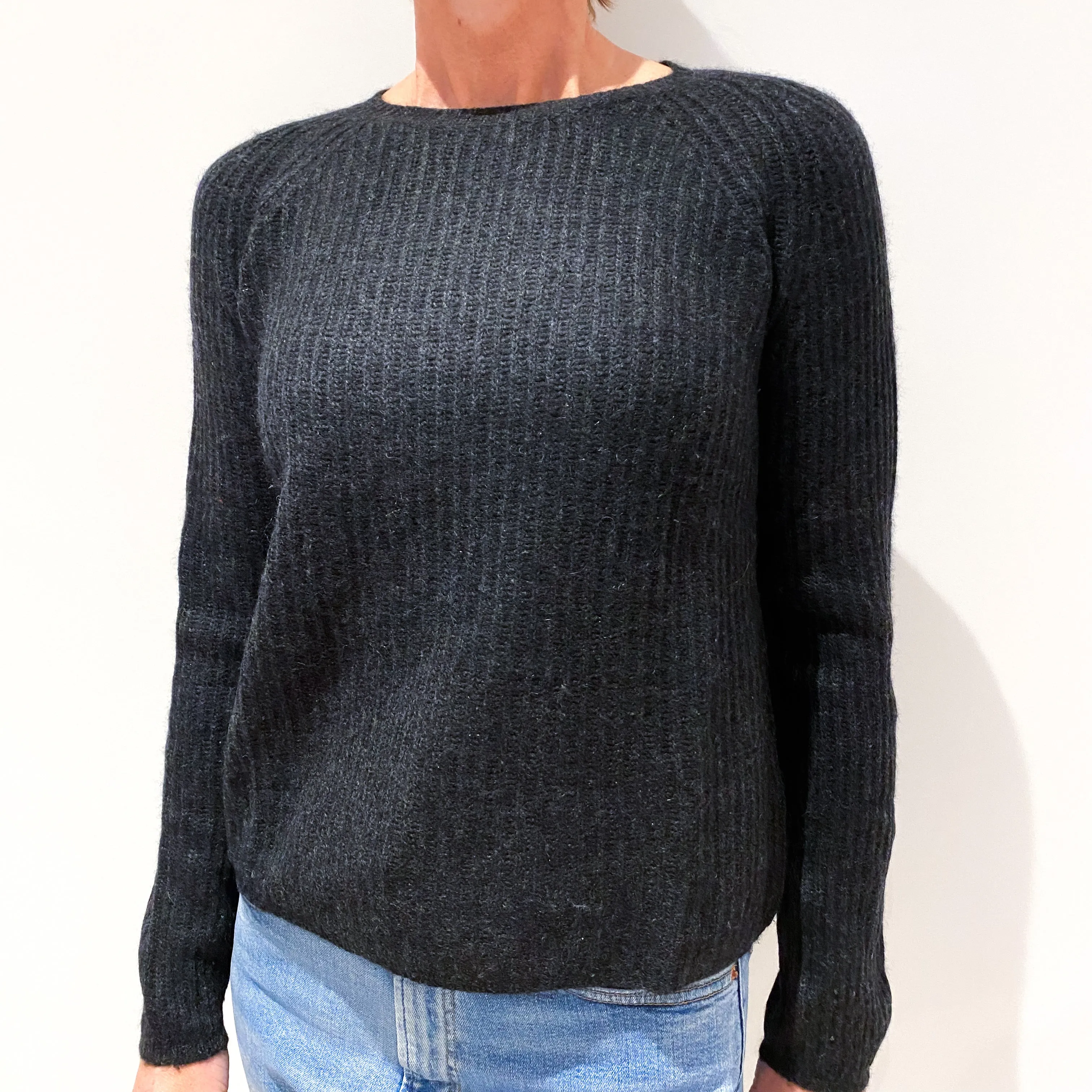 Charcoal Grey Flecked Ribbed Cashmere Crew Neck Jumper Small