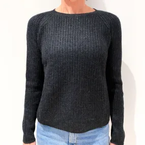 Charcoal Grey Flecked Ribbed Cashmere Crew Neck Jumper Small