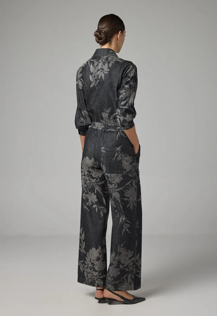 Choice Floral Patterned Wide Leg Denim Trousers Dark Grey