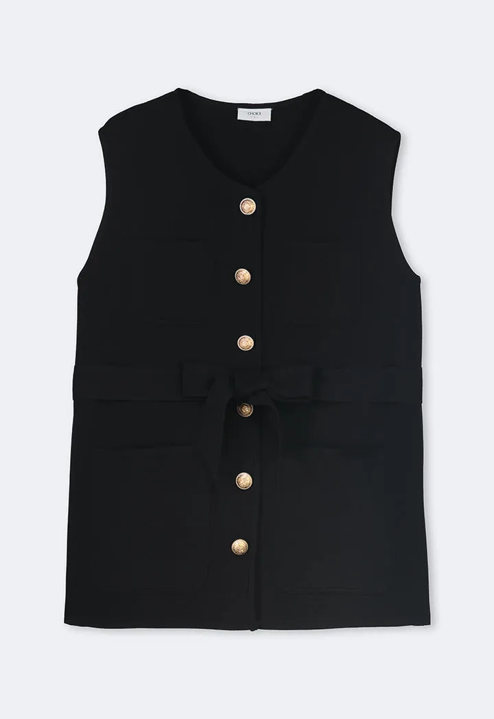 Choice Knitted Multi Pocket Belted Gilet Black