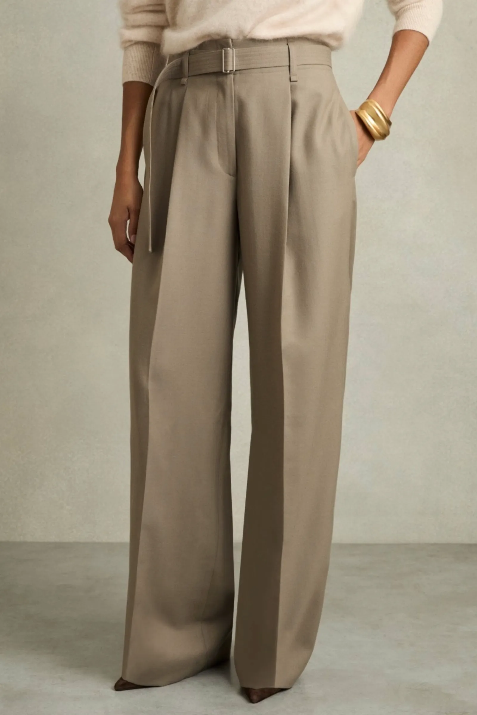 Clara Wool Belted Wide-Leg Trousers in Neutral