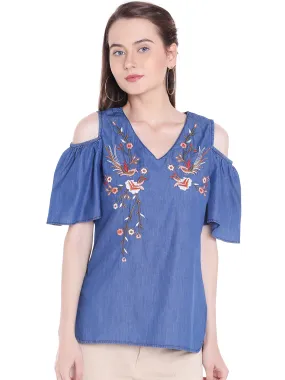 Cold Shoulder With Embroider Denim Top