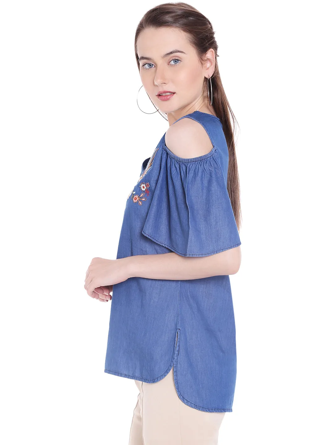 Cold Shoulder With Embroider Denim Top