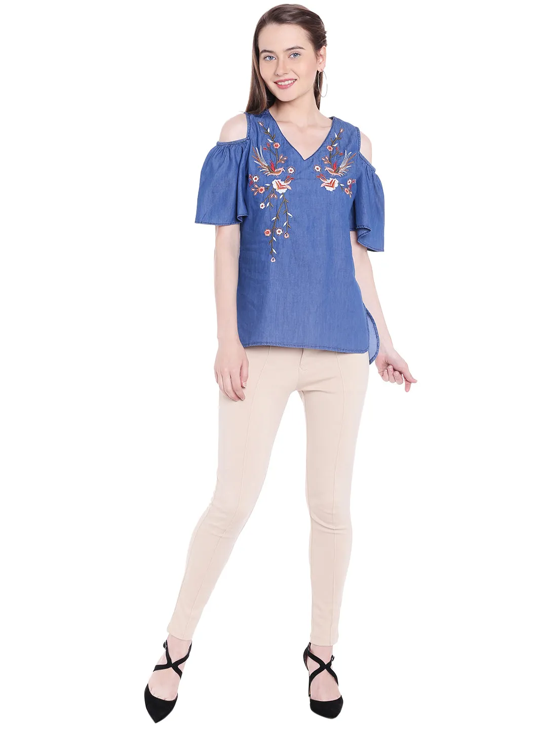 Cold Shoulder With Embroider Denim Top