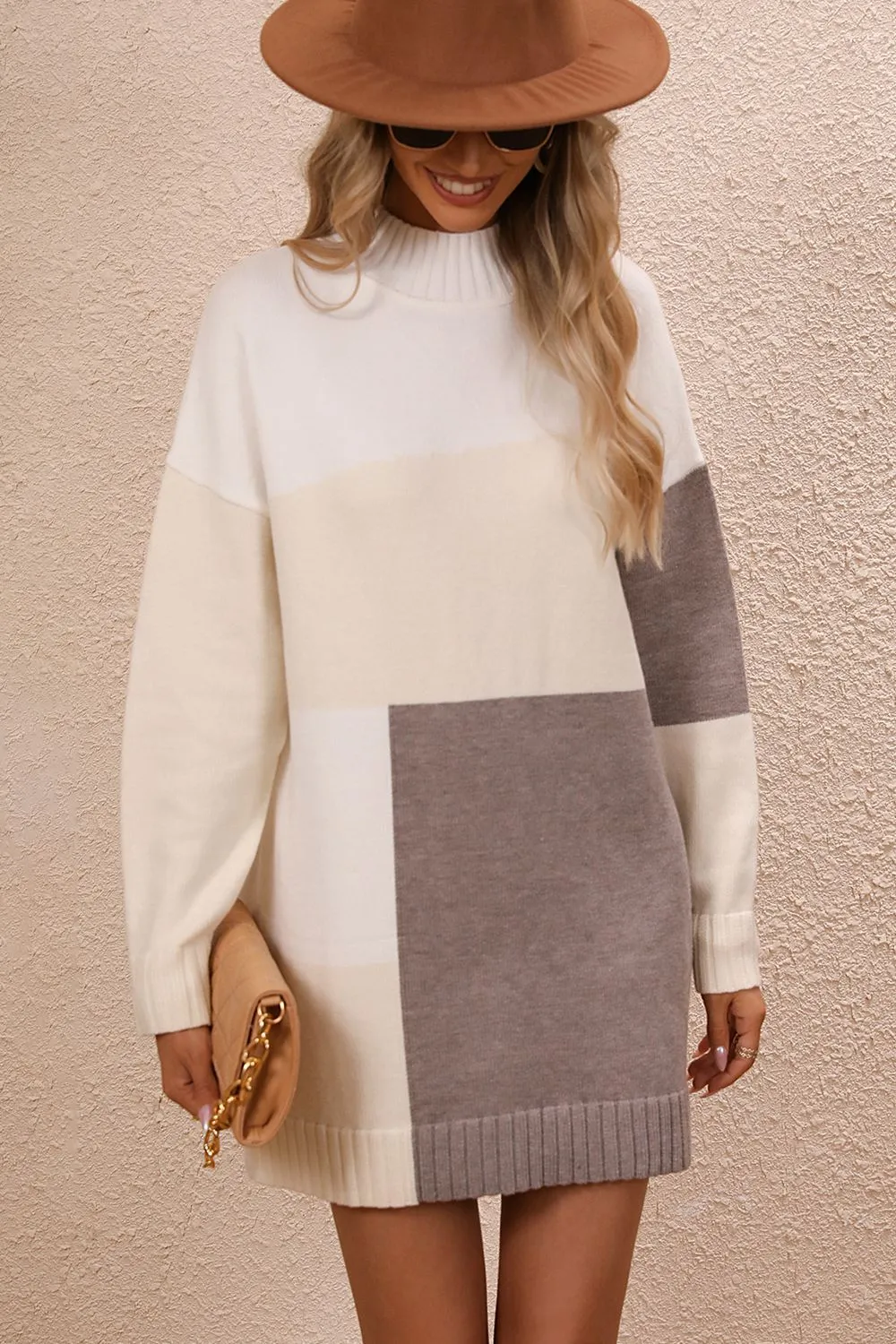 Cool Vibes Mock Neck Dropped Shoulder Sweater Dress