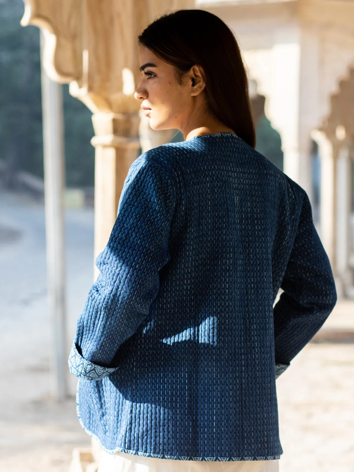 Cotton Quilted Fallen Indigo Blues Reversible Hand Block Print Women’s Jacket