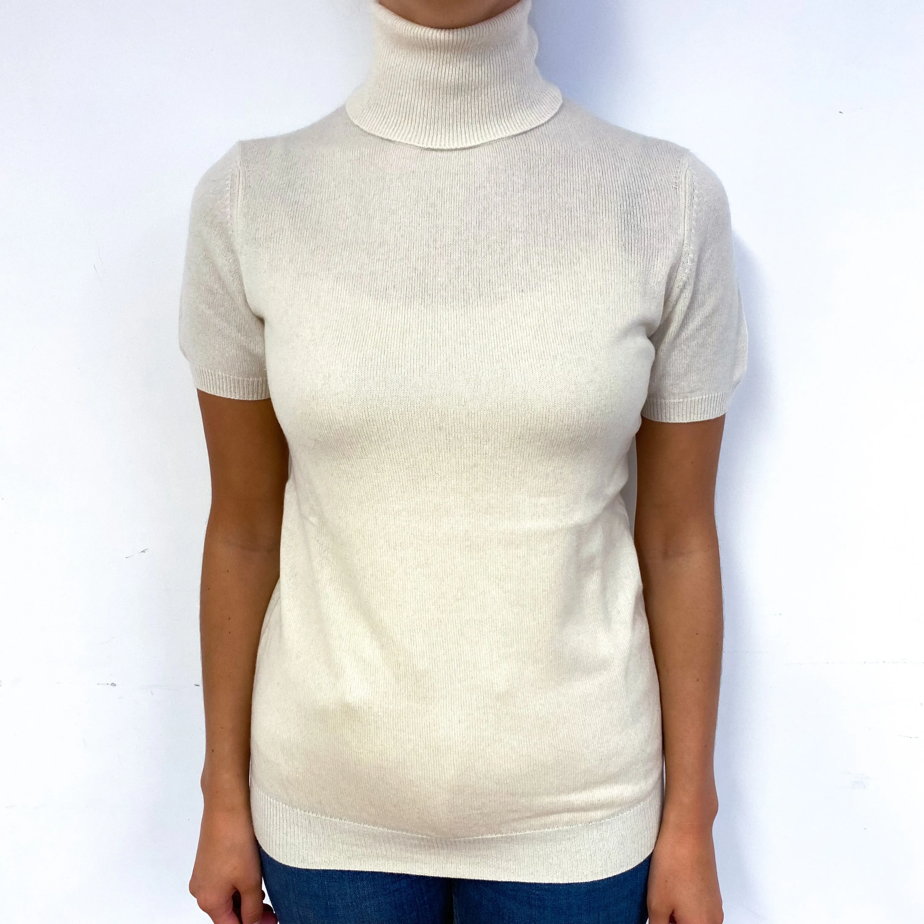 Cream Short Sleeve Cashmere Polo Neck Jumper Small