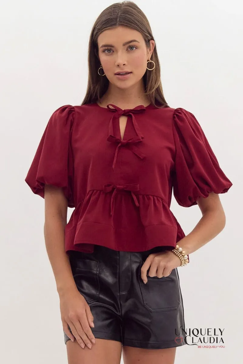 Danielle Puff Sleeves Bow Detail Top