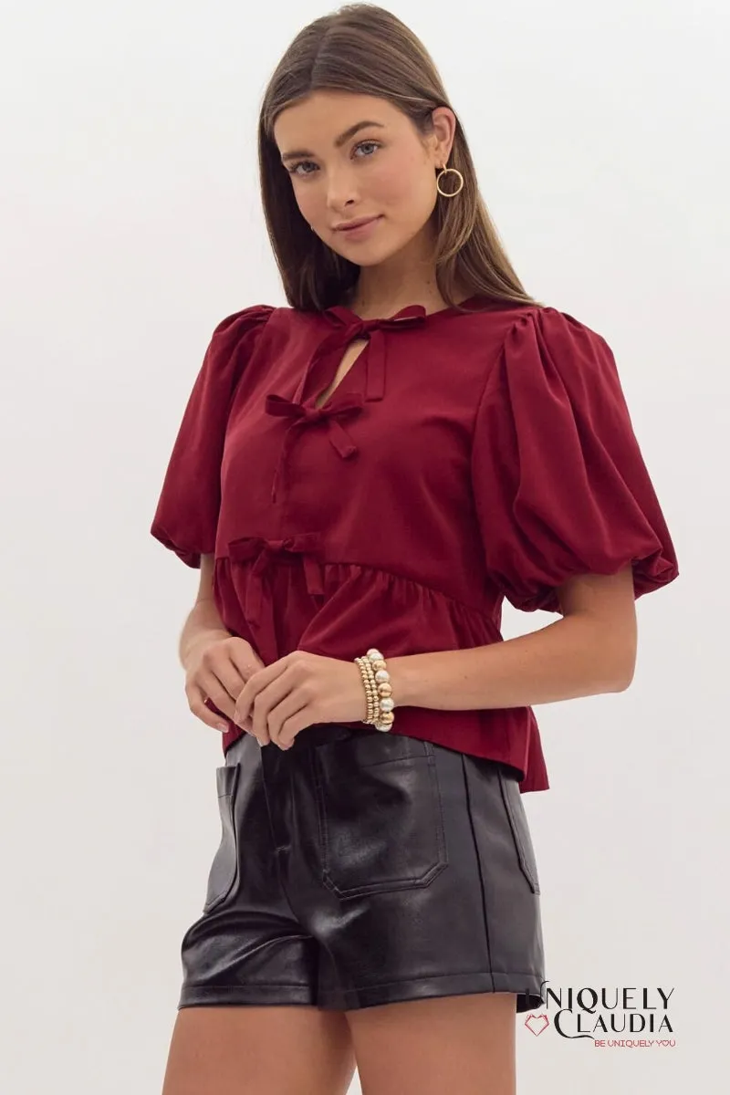 Danielle Puff Sleeves Bow Detail Top