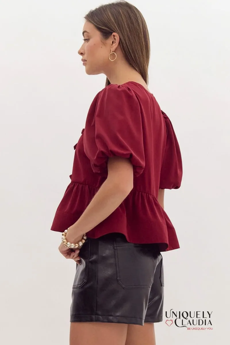 Danielle Puff Sleeves Bow Detail Top