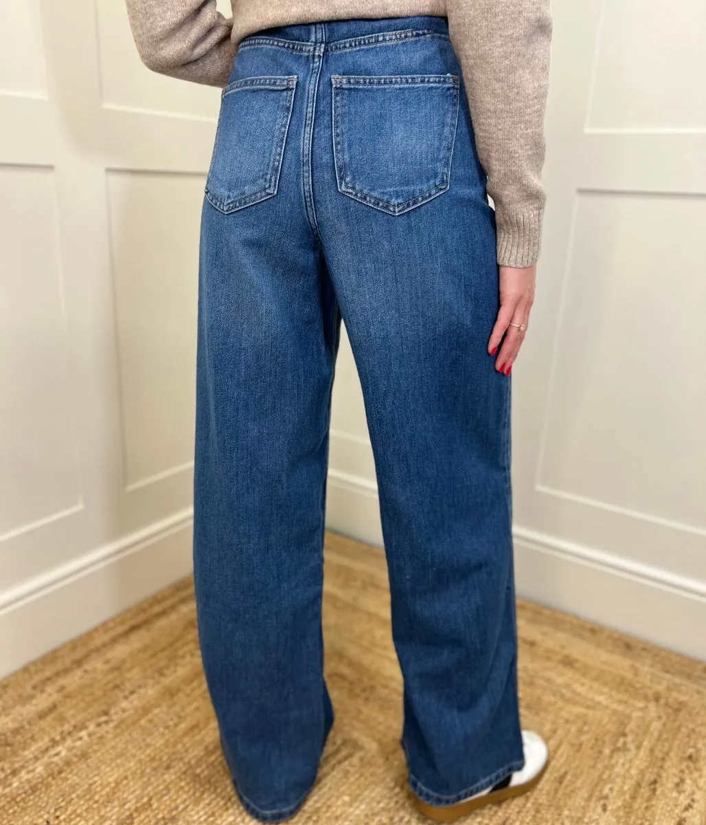 Dark Blue Denim Lyocell Blend Wide Leg Jeans