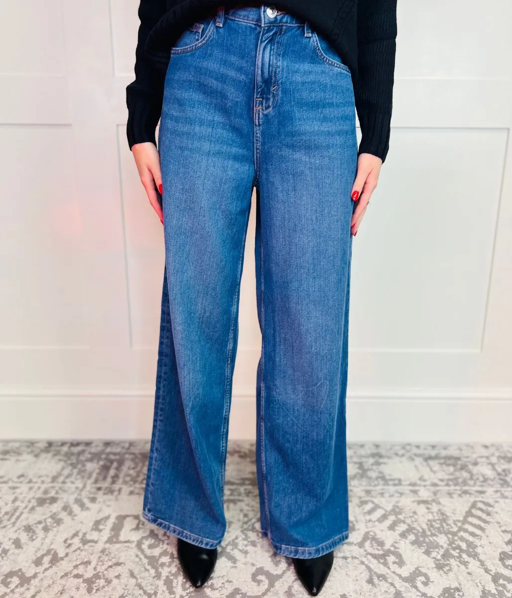 Dark Blue Denim Lyocell Blend Wide Leg Jeans