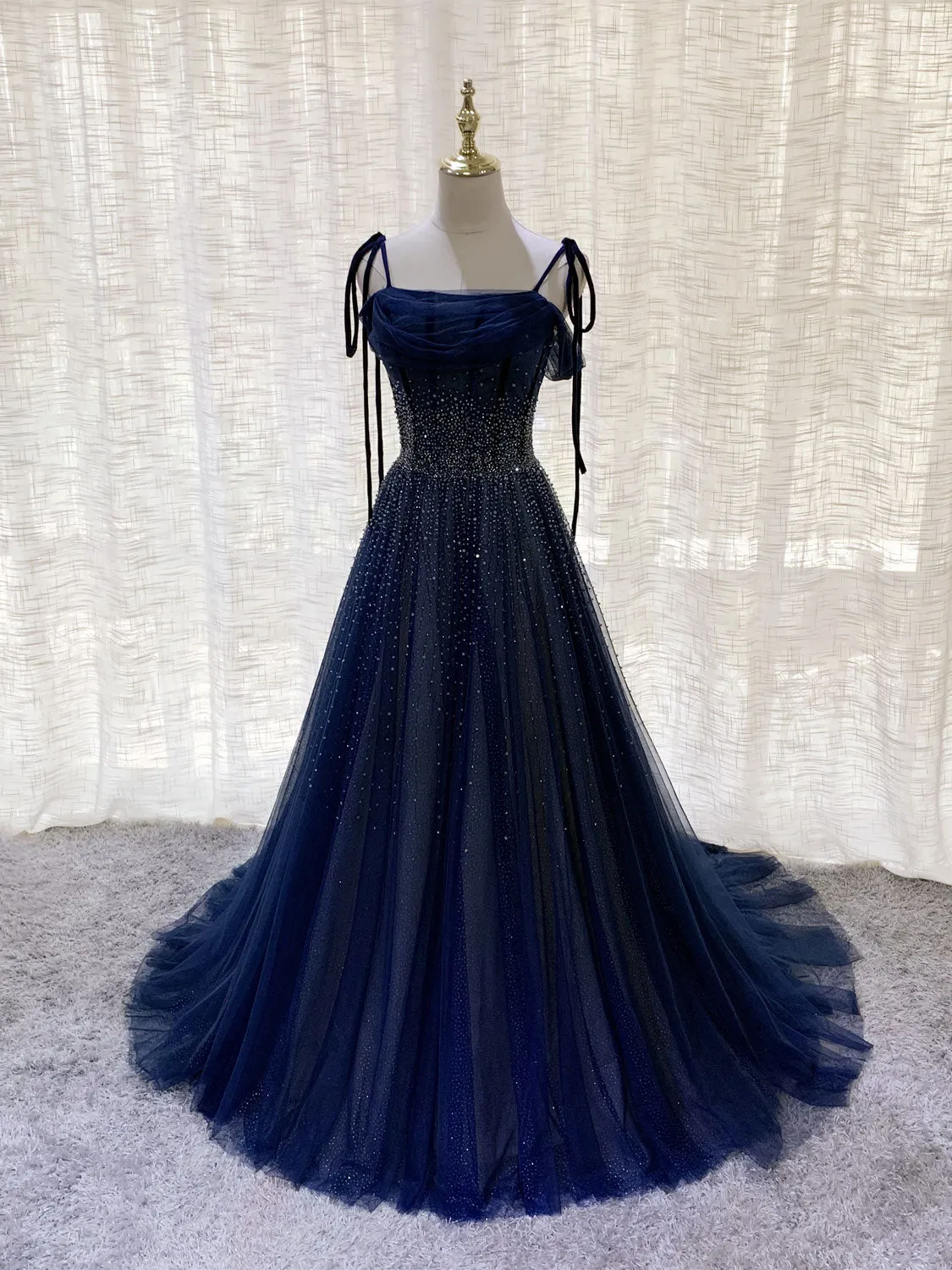 Dark Blue Tulle Sequin Long Prom Dress, Blue Tulle Formal Dress