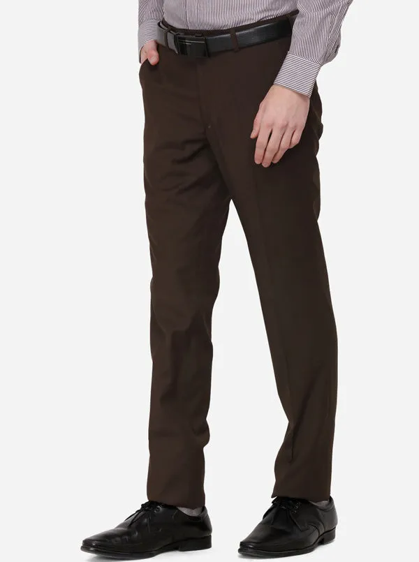 Dark Brown Solid Slim Fit Formal Trouser | Metal