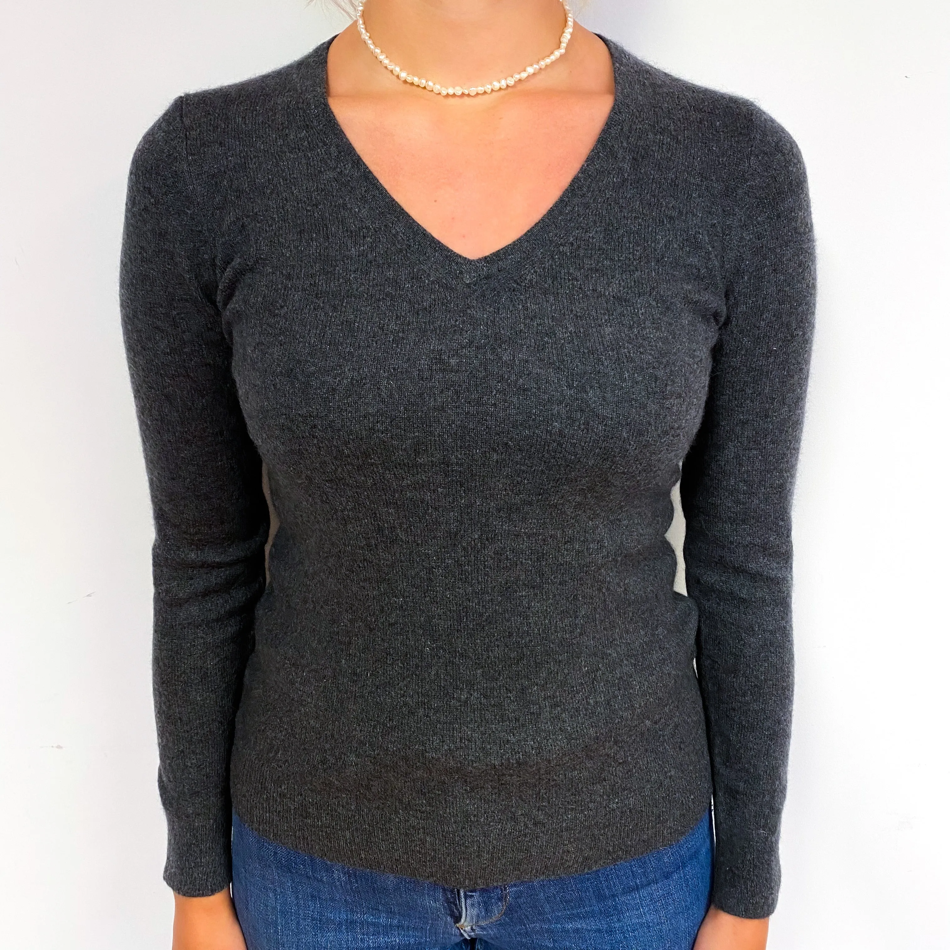 Dark Slate Grey Cashmere V-Neck Jumper Small