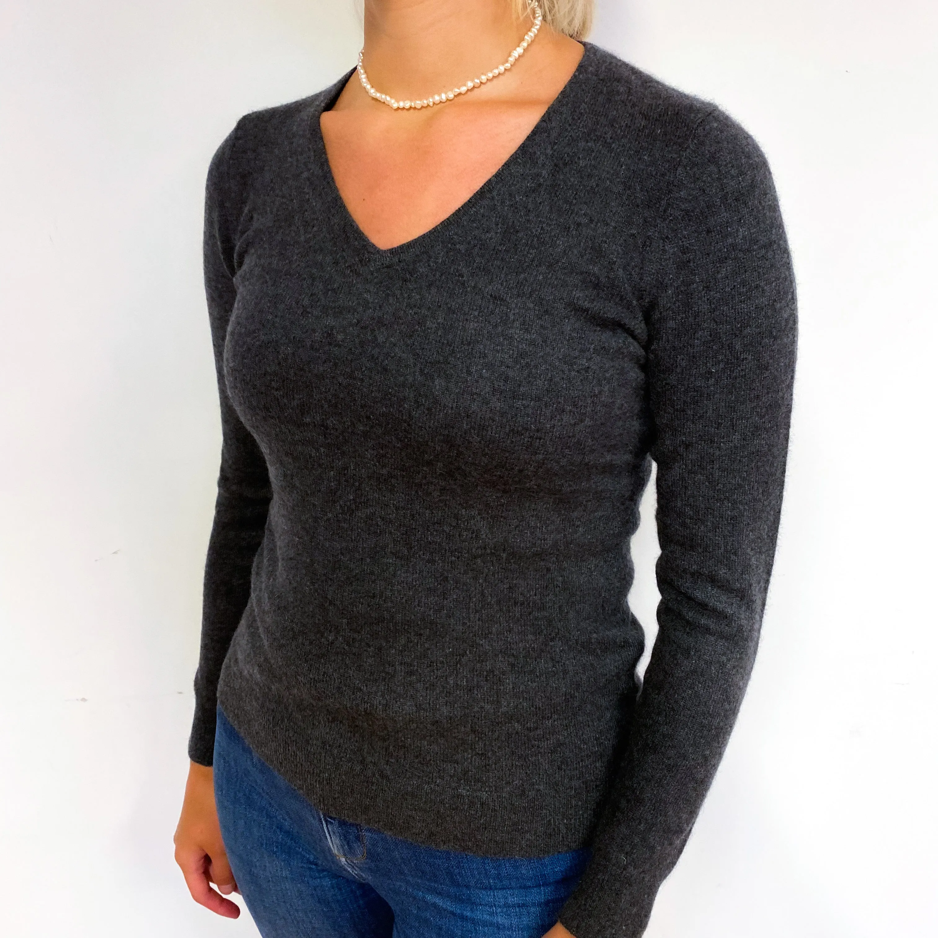 Dark Slate Grey Cashmere V-Neck Jumper Small