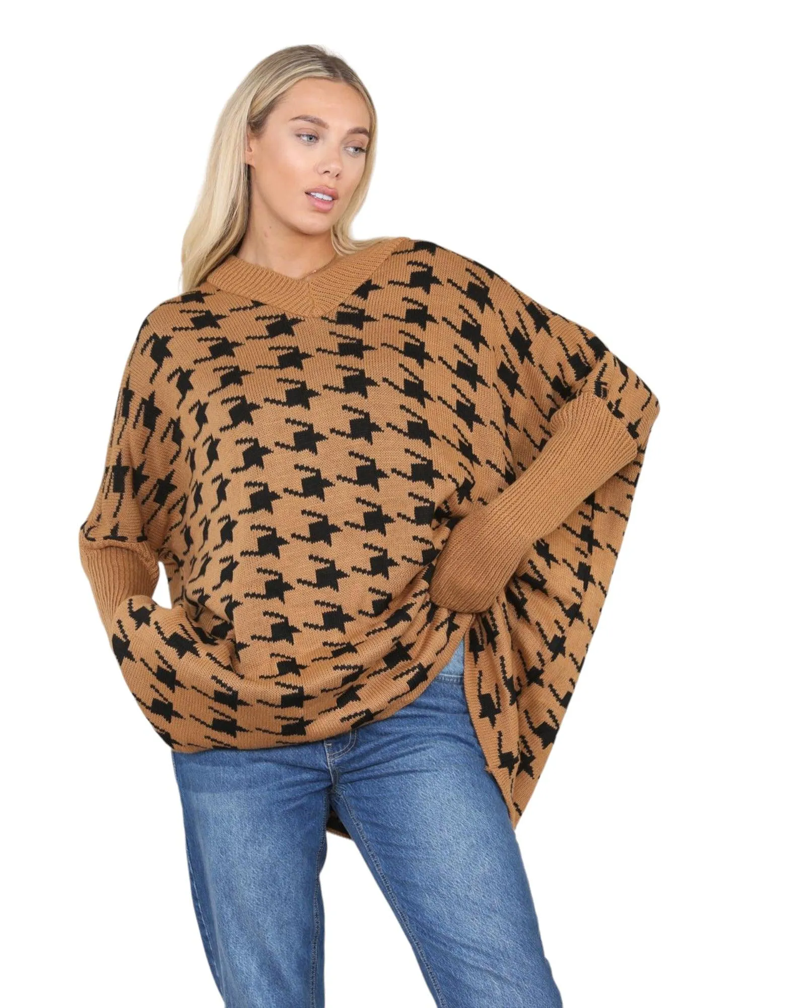 Dog Tooth Print High Neck Knitted Jumper Top